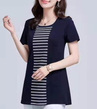 100KG胖女可穿2022新款韩式条纹长袖T恤女式短袖加大码盖腹圆领时尚T恤连衣裙优雅衬衫女式T恤